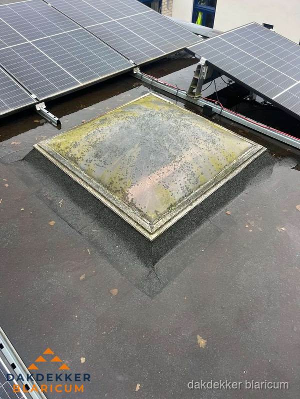 Vervuilde lichtkoepel op plat dak met zonnepanelen in Blaricum