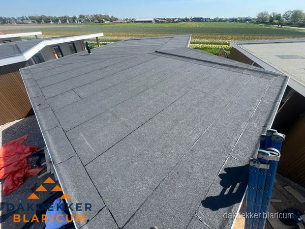 Nieuw bitumen plat dak met uitzicht over landschap in Blaricum Nieuw bitumen plat dak met uitzicht over landschap in Blaricum