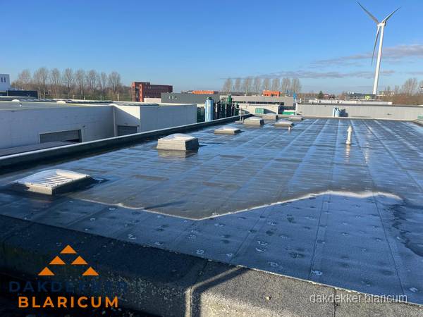 Plat dak bedrijfspand met bitumen dakbedekking en lichtkoepels in Blaricum