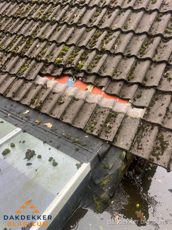 Beschadigd pannendak met ontbrekende dakpannen voor reparatie in Blaricum